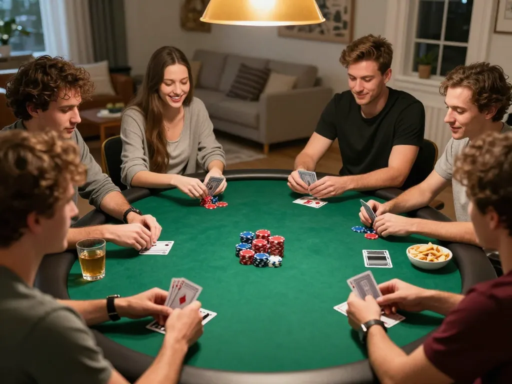 cm88 players engaging in a friendly poker game, showcasing strategy and excitement in a cozy home setting