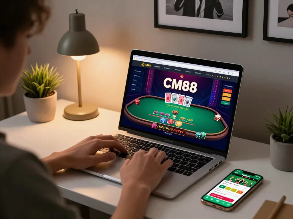 Engaged player enjoying the CM88 live dealer blackjack game on a laptop at home.