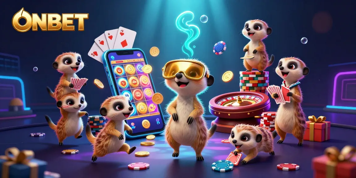 Experience ONBET with meerkats running a vibrant casino operation amidst dynamic gaming elements.
