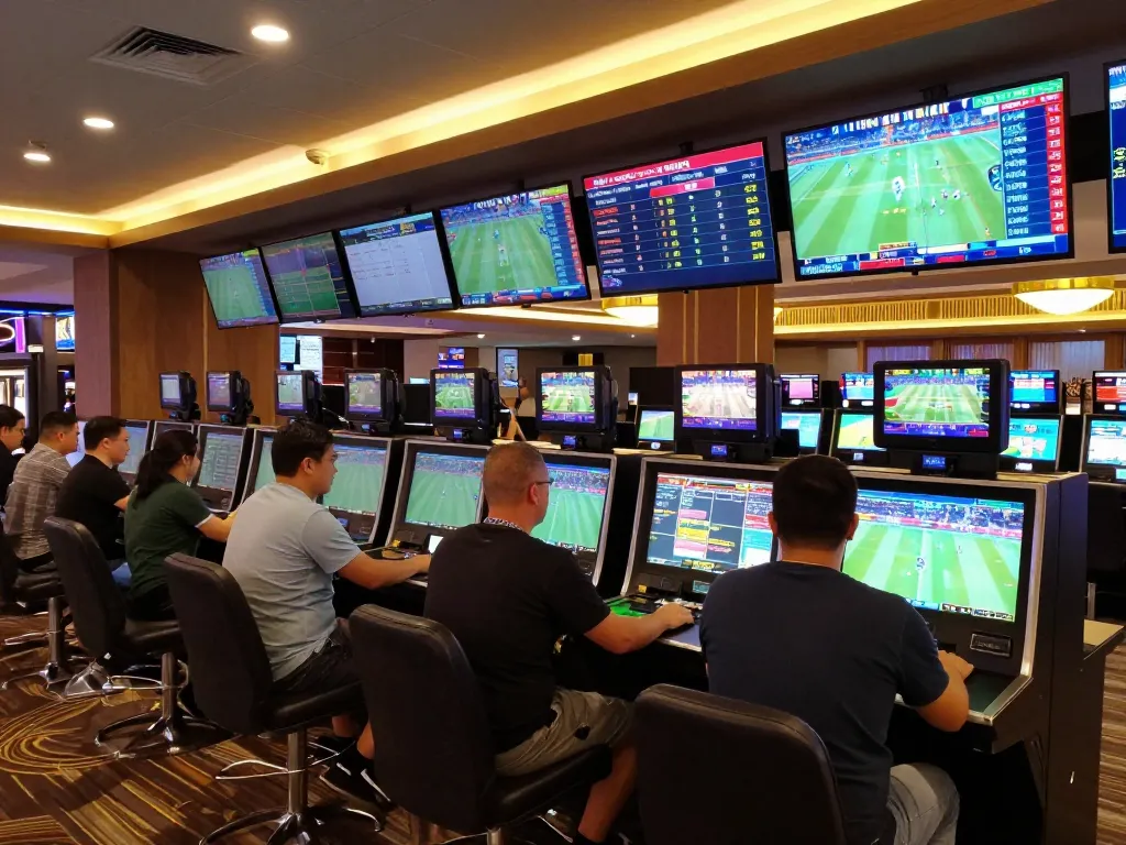 Cheering fans engage in live betting at keonhacai22 sportsbook, showcasing digital screens and betting terminals.