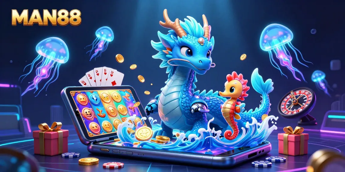 Engage with MAN88's dynamic world of gaming, featuring a vibrant dragon, seahorse knight, and captivating casino elements.