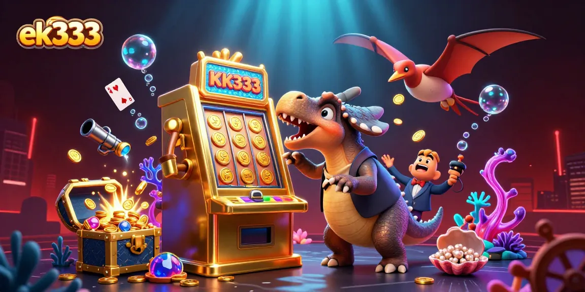 Experience exciting jackpots at ek333 with animated dinosaurs and vibrant casino elements.