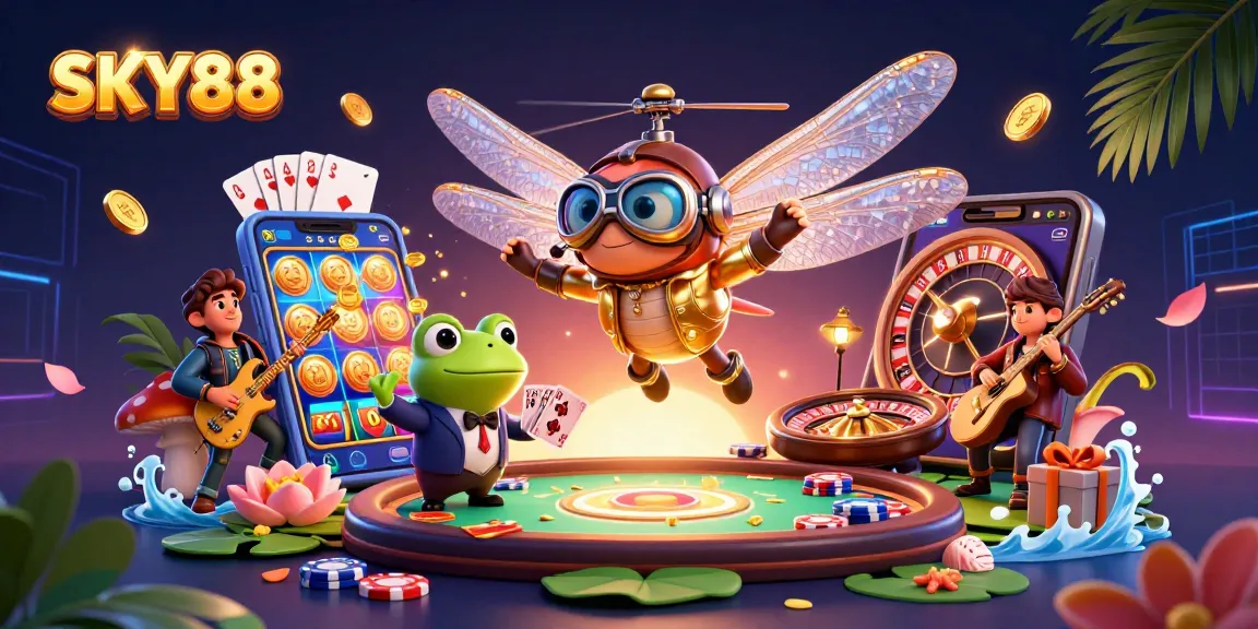 Engage with SKY88 and enjoy vibrant casino thrills as a dragonfly pilot hovers over games and musicians.