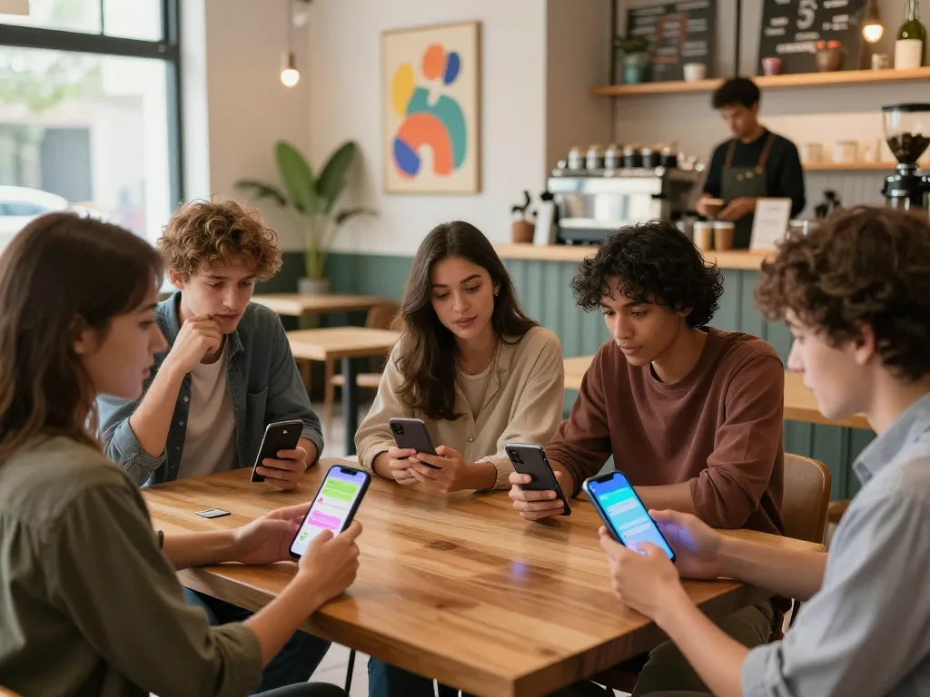 Young adults engaging in AI 18+ chats in a lively cafe, showcasing curiosity and enjoyment.