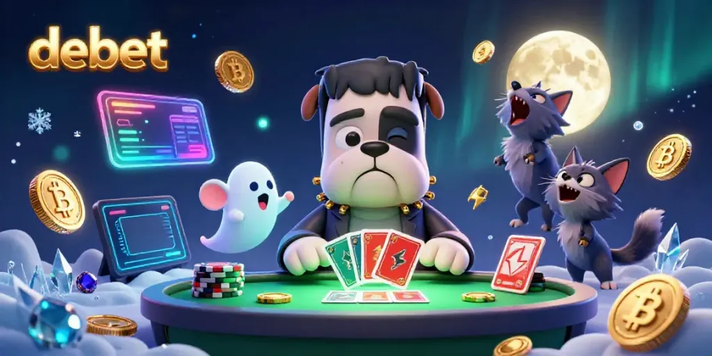 Play and win at Debet, featuring a Frankenstein bulldog dealer with ghostly companions at a vibrant casino table.