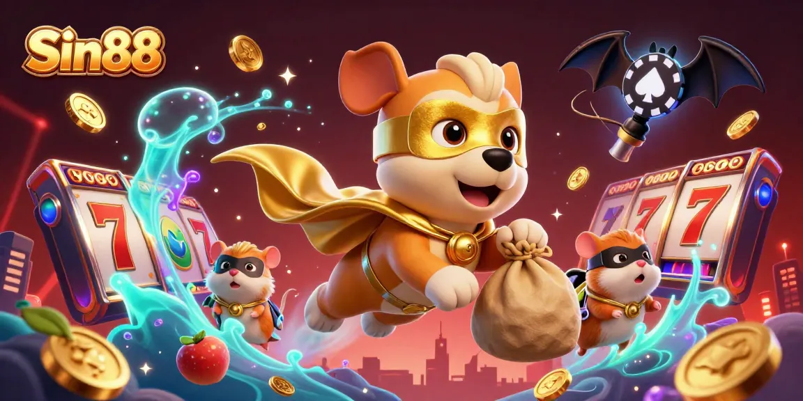 Spin to win with Sin88 in a vibrant 3D cartoon casino adventure filled with slots and gold coins.