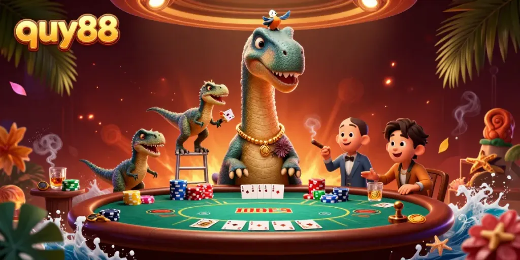 Engage with quy88 casino action featuring a brontosaurus overseeing a vibrant poker game scene.