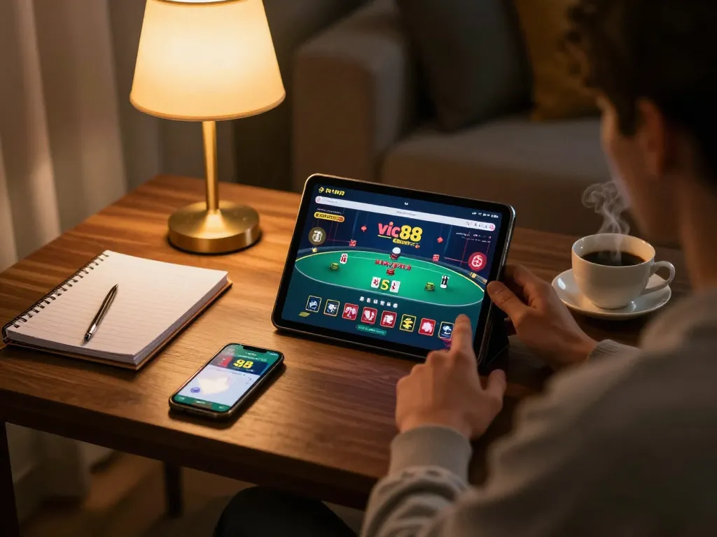 Engaging in a poker game on a tablet while enjoying the vic88 club experience at home.