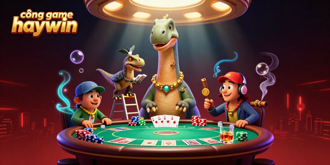 Experience cổng game haywin excitement with a vibrant casino scene featuring a brontosaurus and a raptor.