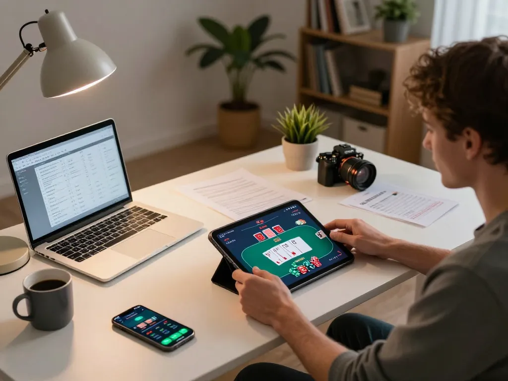 Engaging moment of online gambling as a player enjoys sunwin poker game on a tablet at home, highlighting strategy and interaction