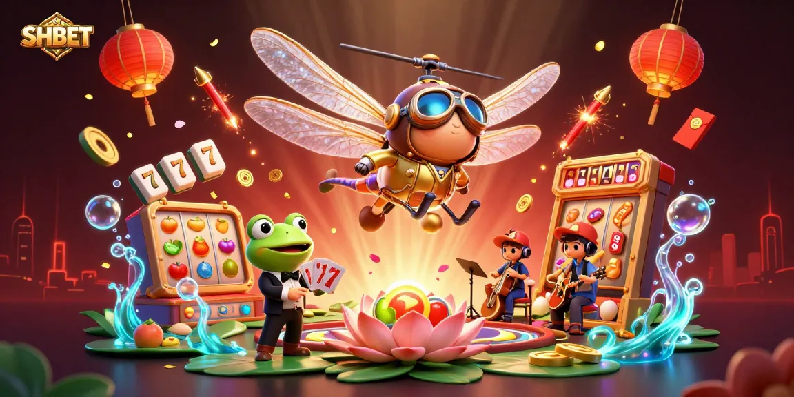 Experience the thrill of SHBET with a vibrant 3D casino illustration featuring a dragonfly pilot, frog croupier, and slot machines.