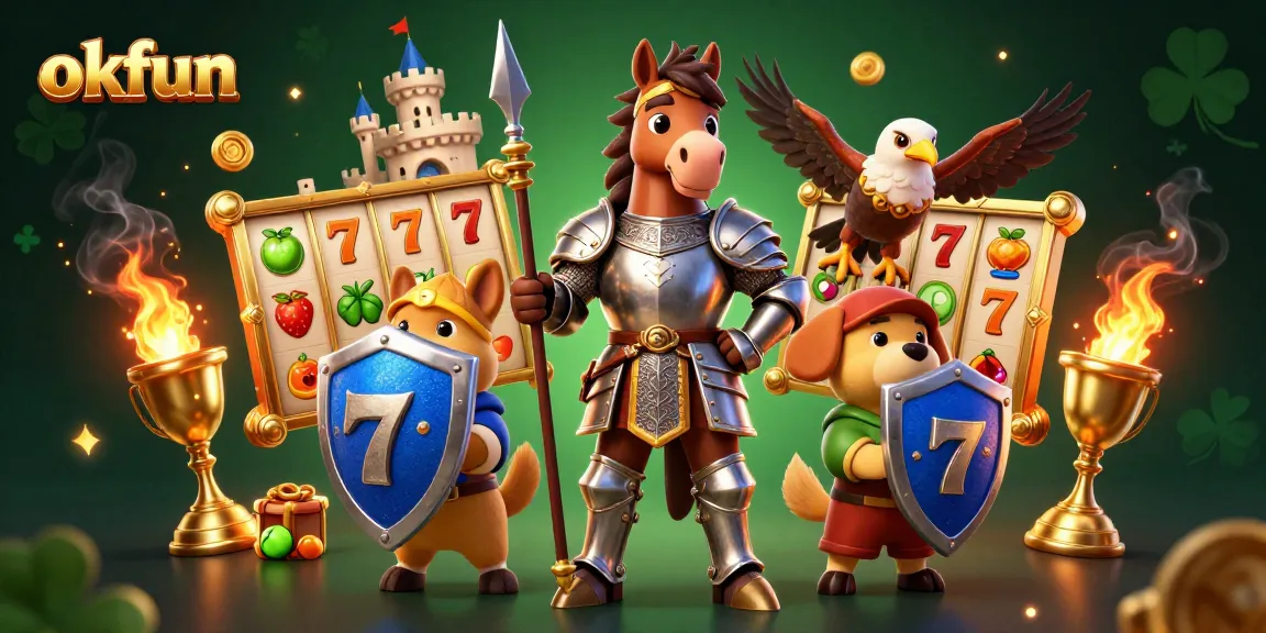 Spin and win big at okfun with slot reels and medieval knights in an exciting casino illustration.