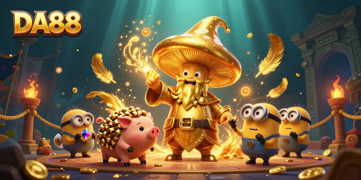 Explore the thrilling world of DA88 with a golden mushroom wizard and pig familiar amidst magical elements and casino treasures.