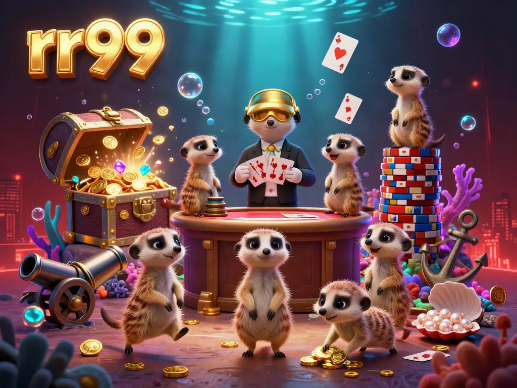 Experience the thrilling essence of rr99 with a lively scene of meerkats managing a colorful casino.