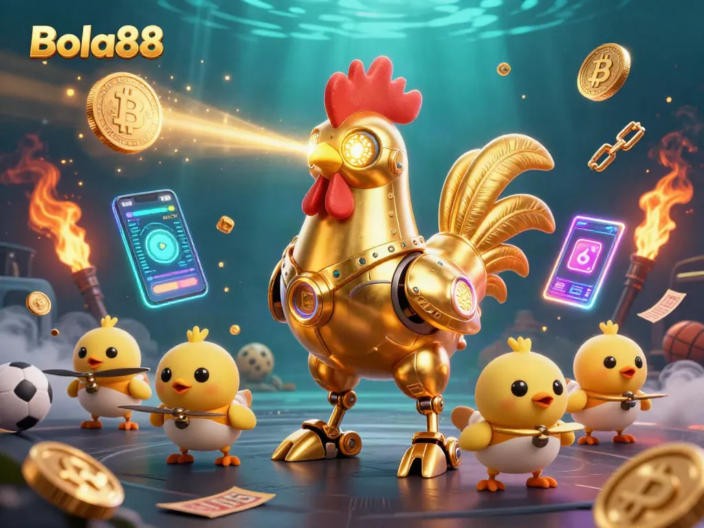 Engage in thrilling sports betting action with Bola88's futuristic golden rooster robot illustration featuring crypto elements.