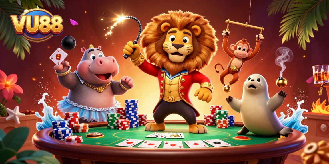 Experience thrilling gameplay at VU88 with vibrant circus characters and poker elements in a dynamic casino scene.