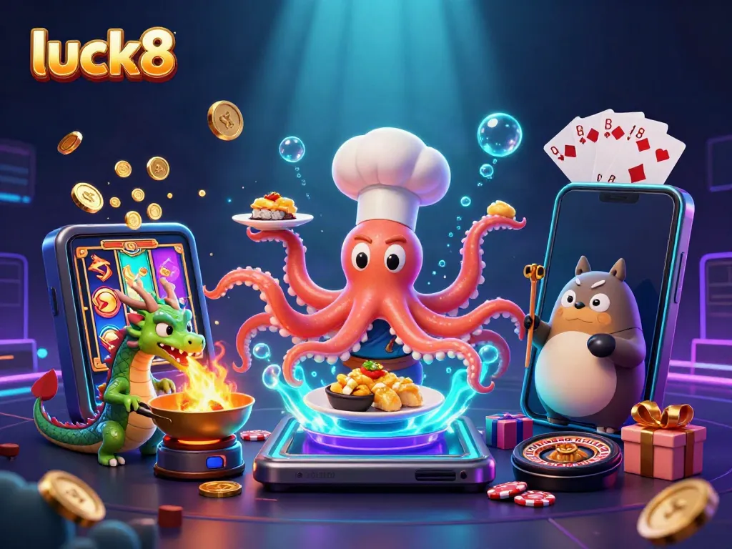 Experience exciting gameplay at luck8 with a vibrant 3D scene featuring an octopus chef, dragon, and dynamic casino elements.