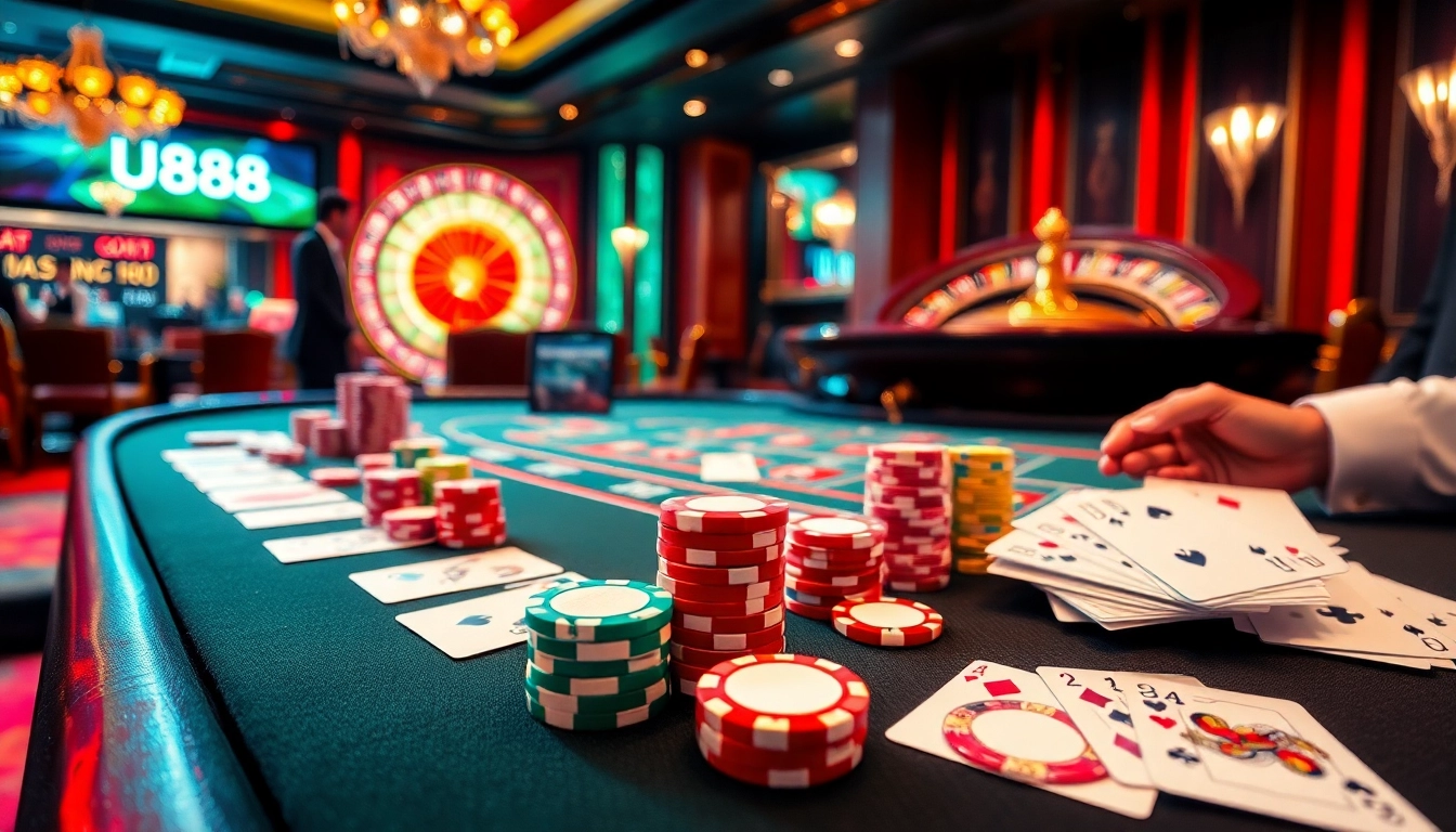 Experience thrilling gambling at U888 with luxury poker chips and a famous roulette wheel.