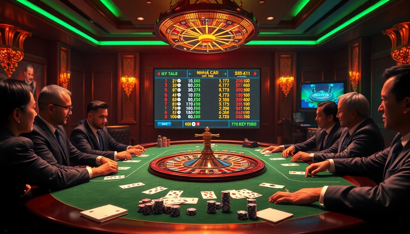 Players at a professional table in a casino showcasing the concept of nhà cái uy tín with vibrant poker chips and cards.