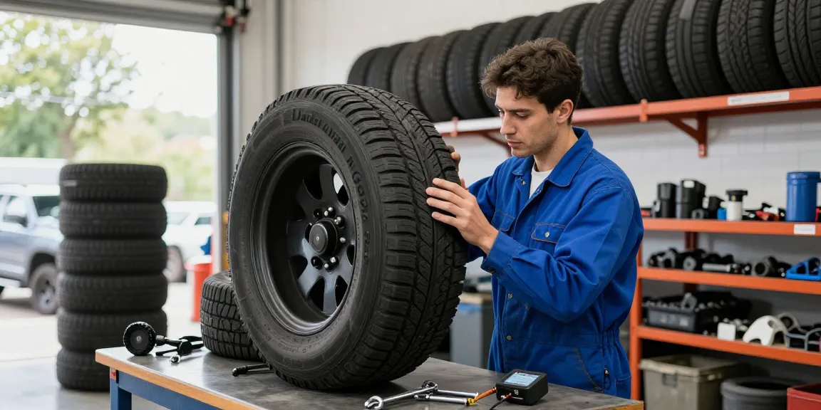 Mechanic inspecting Double Coin RR99 tire in well-lit garage.