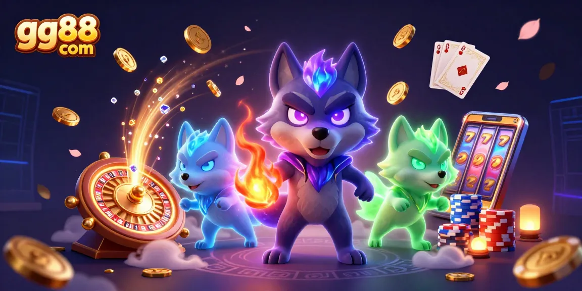 Win big with amazing slots at gg88 com, featuring vibrant 3D wolves and casino elements.