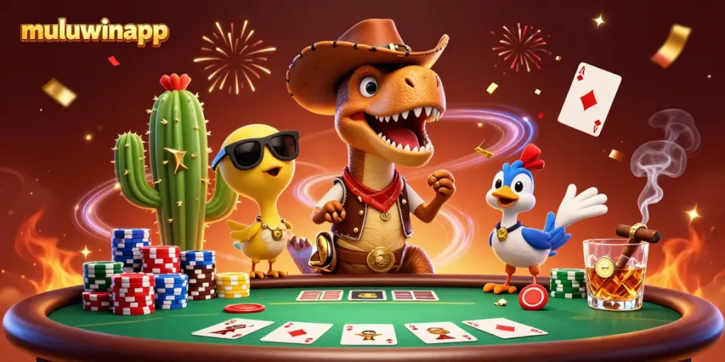 Join the excitement at muluwinapp with T-Rex, cactus, and roadrunner at a thrilling poker game.
