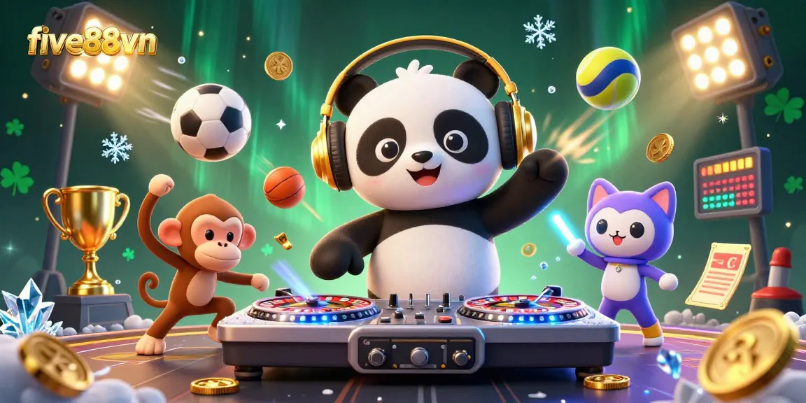 Engage with thrilling games at five88vn, where a DJ panda spins roulette while a monkey and a kitten join the fun.