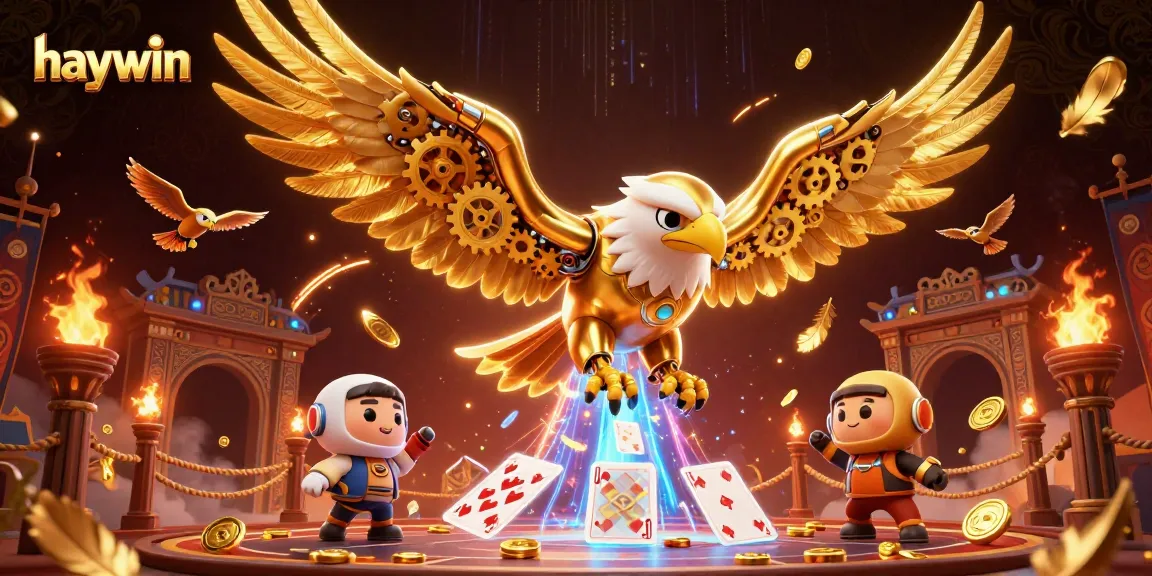 Engage with the dazzling haywin casino experience featuring a golden eagle amidst holographic playing cards.