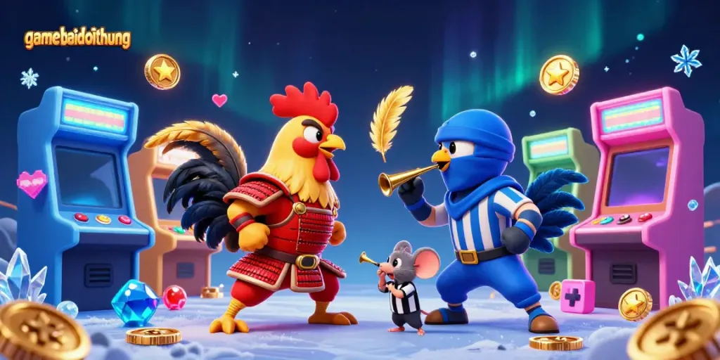 Engaging scene of gamebaidoithuong featuring twin roosters battling with colorful arcade game elements and vibrant effects.