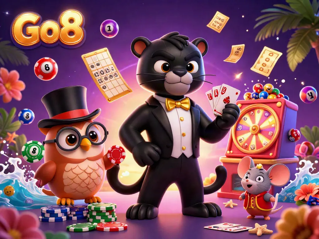Experience the excitement of Go8 with stylish cartoon characters engaging in vibrant casino activities and colorful game elements.