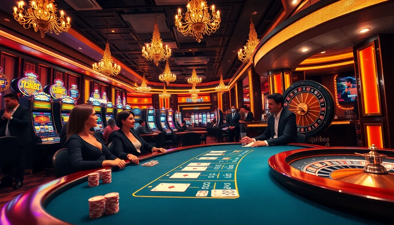 8kbet players enjoying an exciting game at a luxurious casino table with vibrant slot machines.