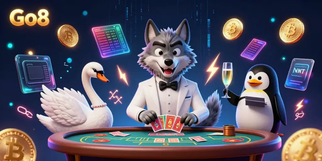 Engage in exciting baccarat action at Go8 with captivating characters and glowing crypto elements.