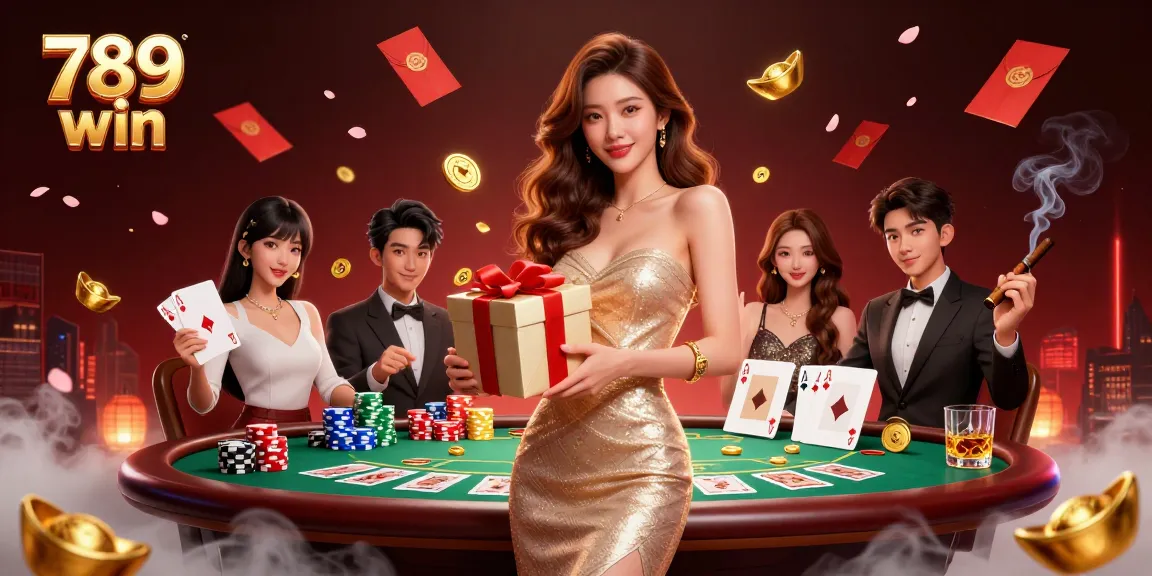 Play and win with 789 win at a festive Lunar New Year casino scene featuring an Asian woman, poker elements, and vibrant decorations.