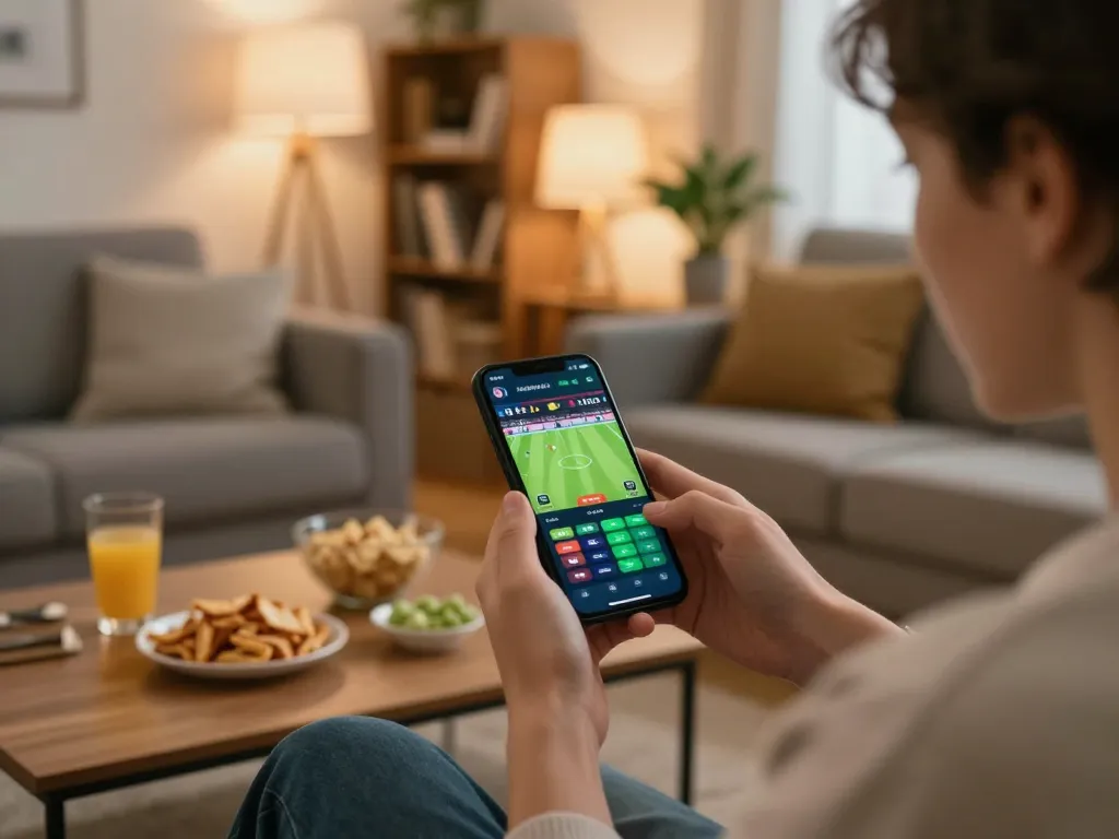 Experience thrill of sports betting with fun88 on smartphone in cozy living room setting