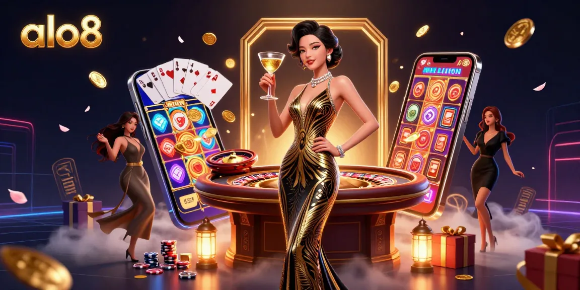Experience excitement with ALO8's vibrant casino scene filled with spinning slot games and thrill.