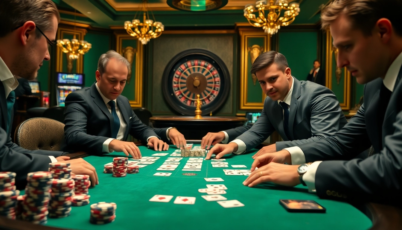 Players engaging in a thrilling poker game at https://gg88.ltd/ surrounded by vibrant casino elements.