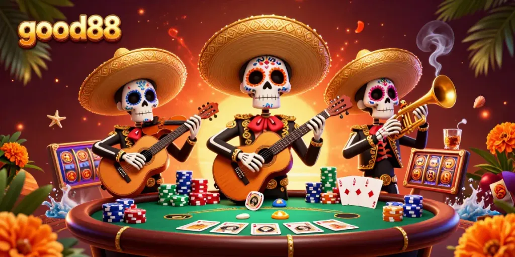 Engage with the vibrant world of good88 featuring colorful skeleton mariachi musicians in a lively casino scene.