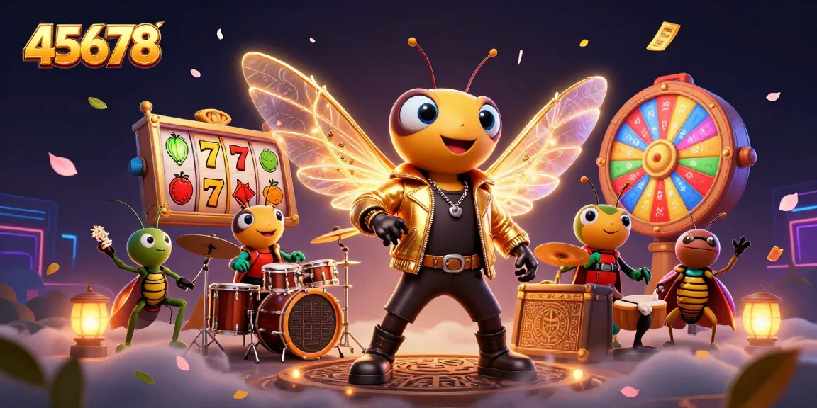 Engaging 45678 scene featuring a rock star cicada and casino elements like slot reels and a prize wheel.