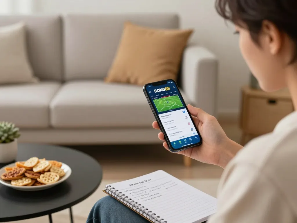 BONG88 sports betting app displayed on smartphone, person engaged in strategic betting environment