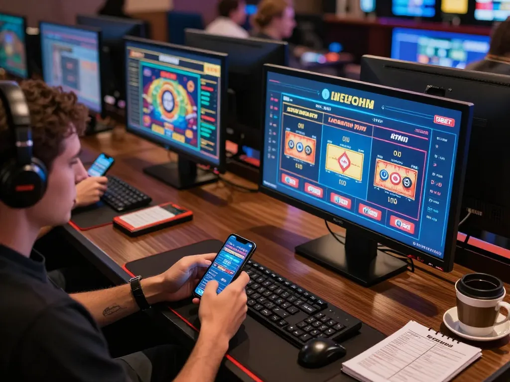 I9BET online gaming setup featuring vibrant casino game screens for strategic betting.