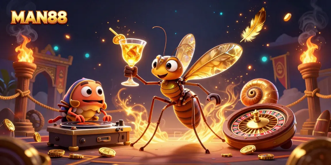 Experience thrilling gameplay with MAN88 as the casino mascot amidst vibrant gaming elements.