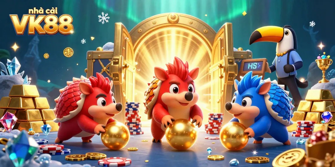 Engage with nhà cái VK88's thrilling gaming action featuring vibrant cartoon pangolins in a dynamic casino scene.