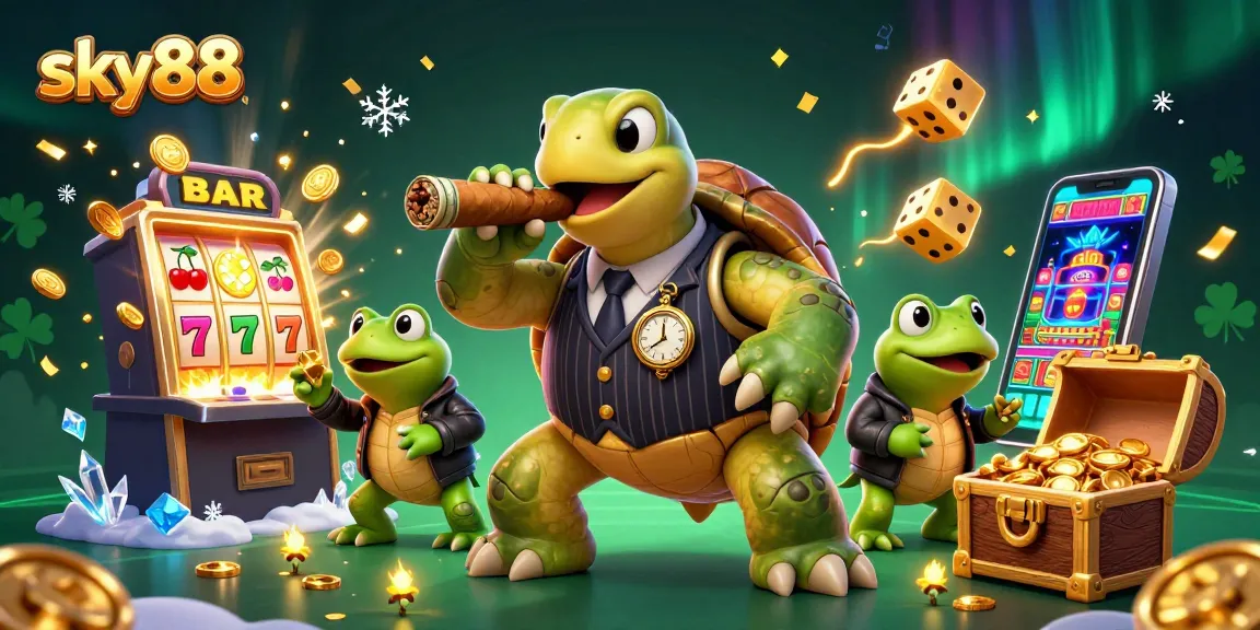 Spin the reels of sky88 with a vibrant, casino-themed illustration showcasing dynamic slot games and exciting winnings.