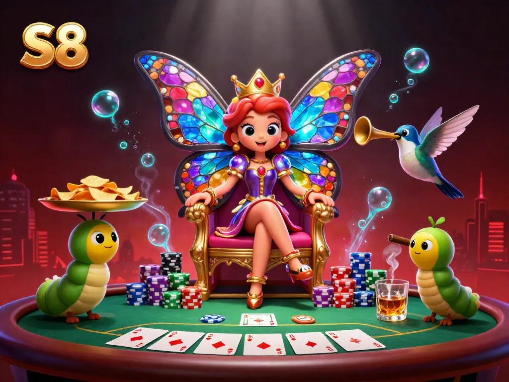 Engage with dynamic S8 gaming, featuring a colorful butterfly queen ruling over a vibrant poker scene with atmospheric effects.