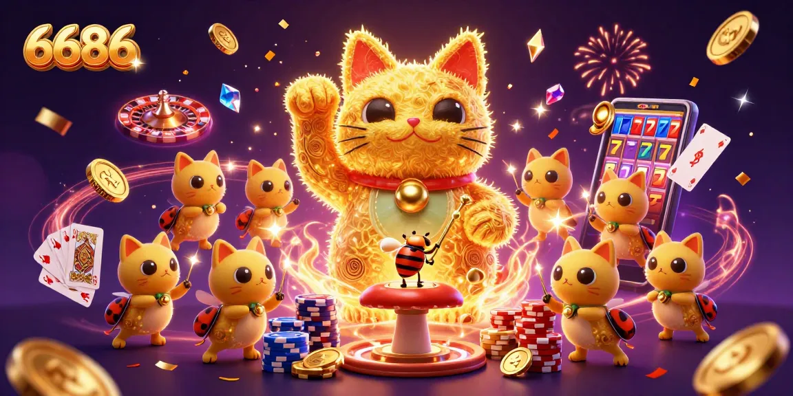Experience thrilling gaming with 6686's vibrant 3D illustration featuring a lucky cat and casino symbols.