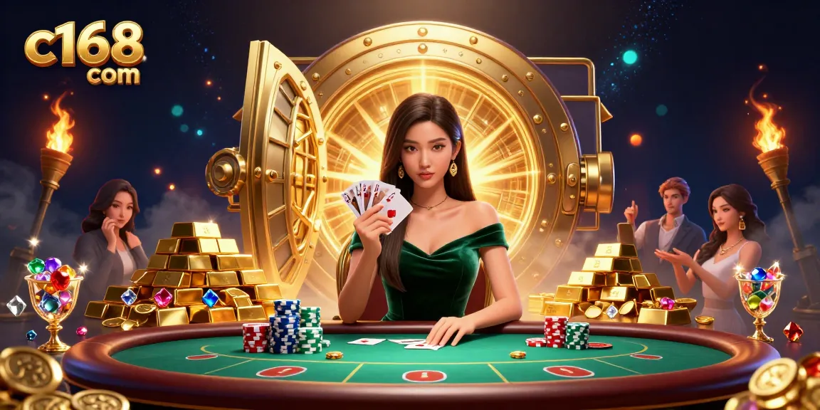 Win big at c168 com with a beautiful Asian poker player amidst sparkling treasures.