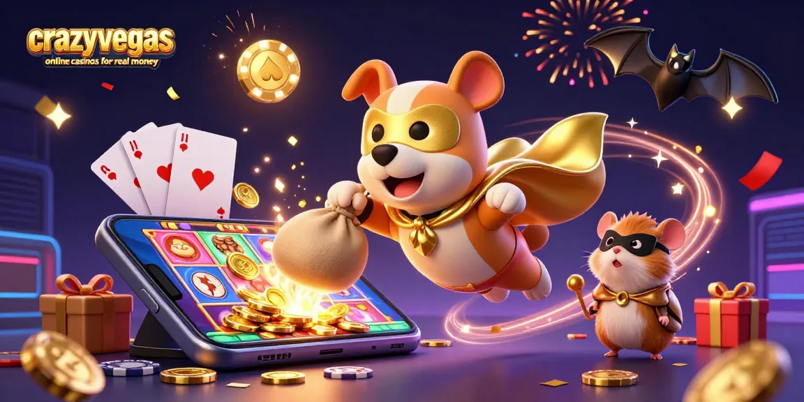 Experience the excitement of crazyvegas online casinos for real money with our superhero dog and hamster, surrounded by vibrant slot games and poker chips.