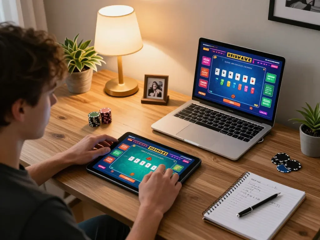 Player engaging in live dealer blackjack on MMOO platform with colorful tablet screen