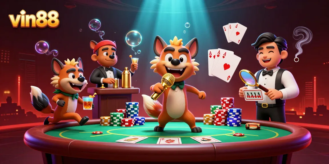 Experience vin88 with hyenas amusing at a vibrant comedy casino club, with poker elements.