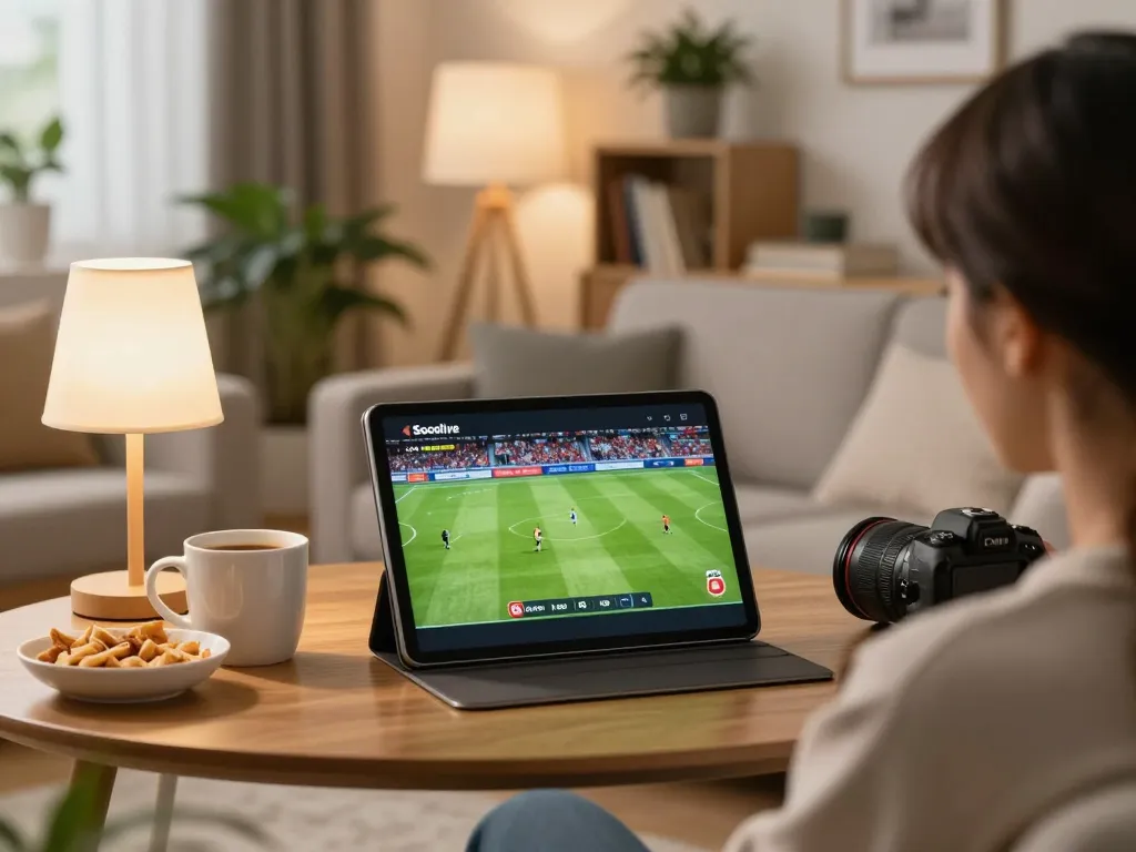Xem bóng đá Socolive live on a tablet in a cozy living room, highlighting the ultimate viewing experience.